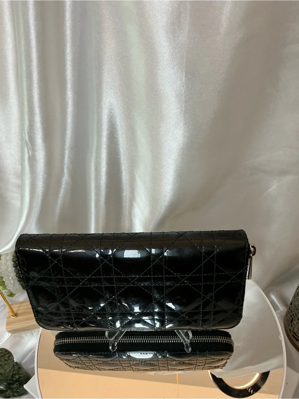 Dior Black Patent Quilted Zip-Around Wallet